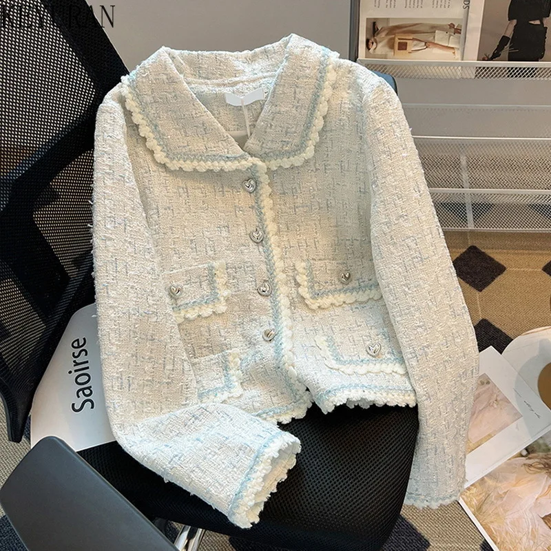 

Small Fragrant Tweed Short Coat Women 2023 Autumn Winter French Vintage Laple Love Button Color Matching Jacket Top Suit Blazers