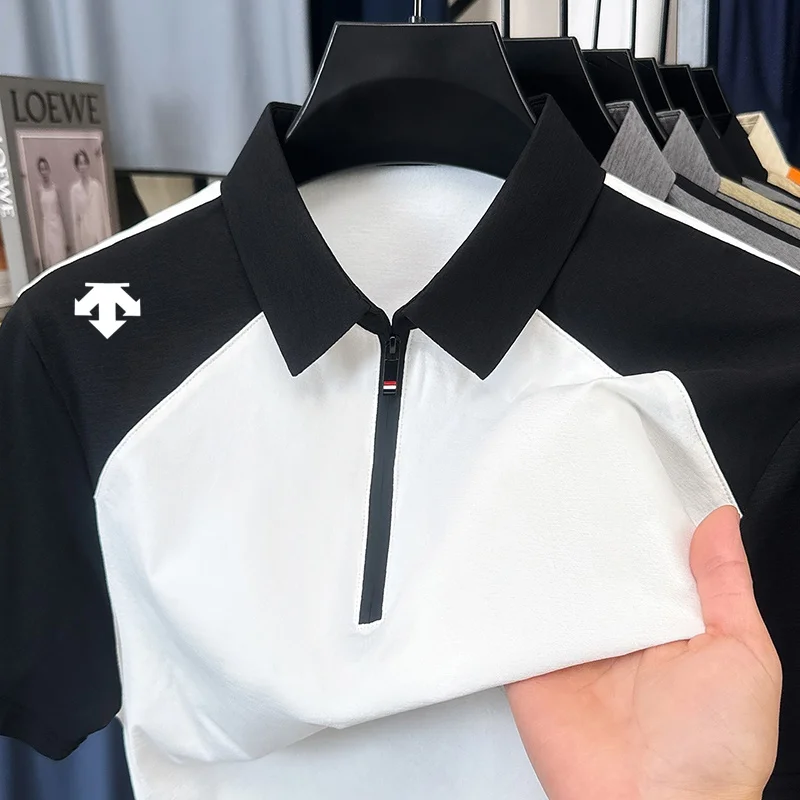 Klassisches Hochwertiges Herren Sommer Kurzarm-Poloshirt mit Reißverschluss am Kragen Farbblockierung Britischer Stil Atmungsaktiv Herrenbekleidung