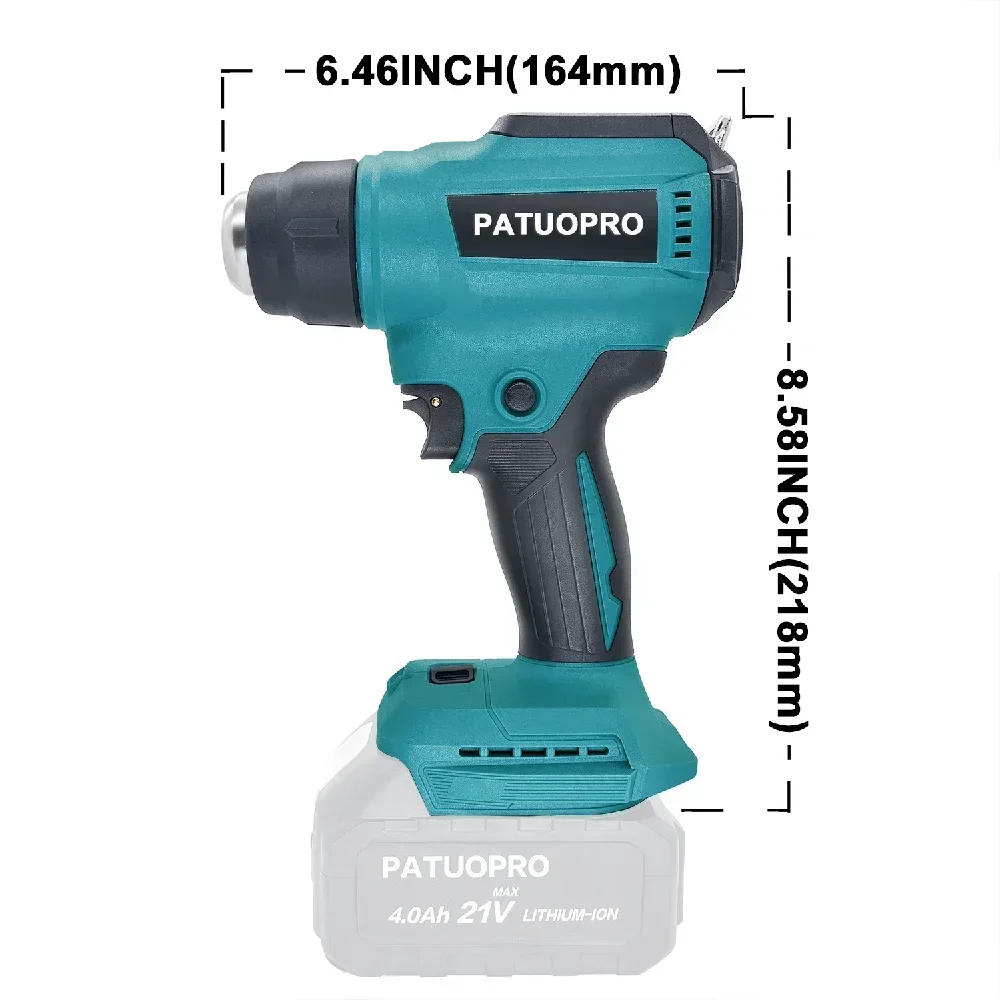 PATUOPRO Cordless Heat Gun LED Display 30-550℃ Adjustable Handheld Electric Hot Air Gun Home Power Tool For Makita 18v Battey 2
