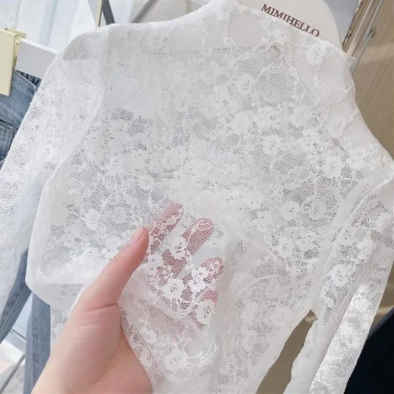 Girls' Lace Bottom Shirt Spring Summer Light Thin Matching Inside Top Children's Elegant Embroidery White Long sleeve Shirt 3