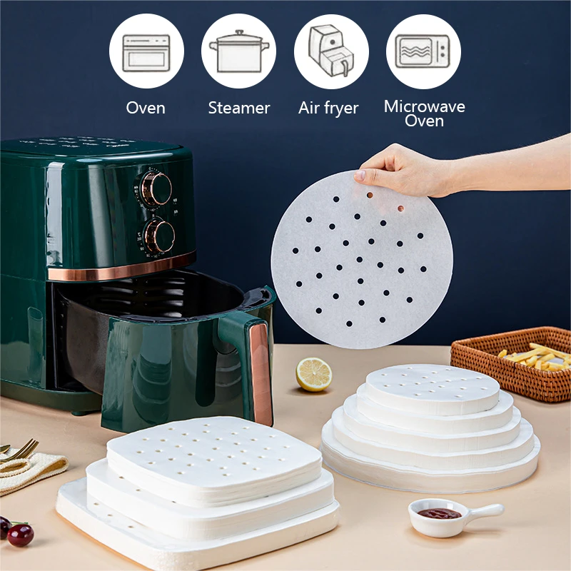 100Pc/Bag Air Fryer Steamer Liners Premium Perforated Wood Pulp Papers