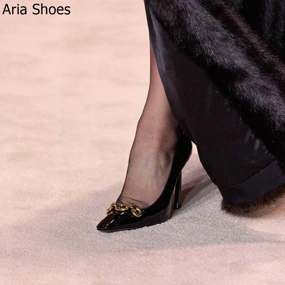 2024 New Summer Black High Heels Women's French Design Elegant 10Cm Stiletto Pumps Slip On Leather Pointed Toe Metal Buckle Shoe