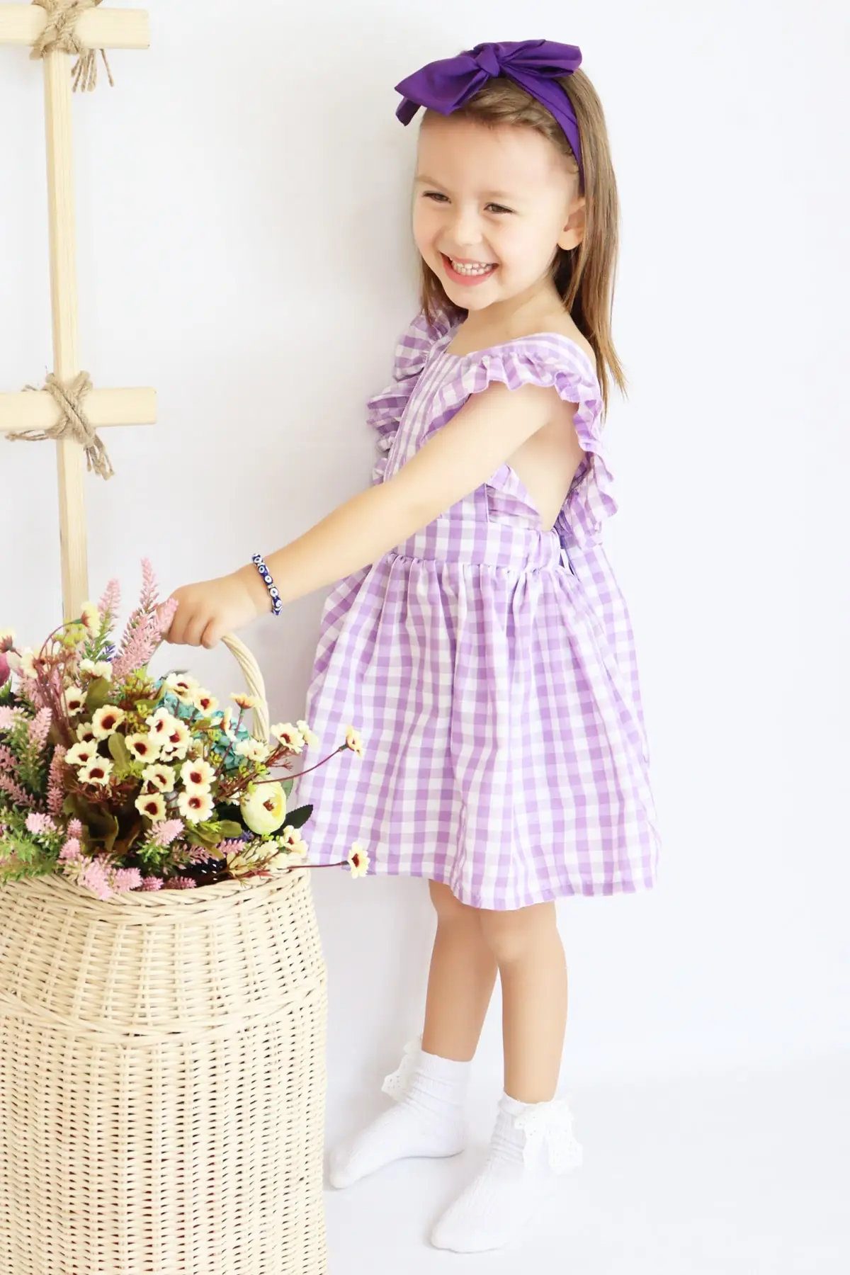 

Girls' Violetta Lila Gingham Ruffled Tie Detailed Dress Bandana Suit Woven Cotton Strap Plaid/