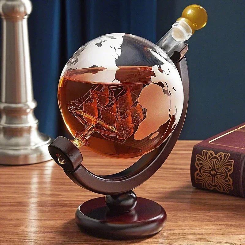 Creative Globe Decanter Set with Lead-free Carafe Exquisite Wood-stand and 2 Whisky Glasses Whiskey Decanter Globe Grade Gift — view 2