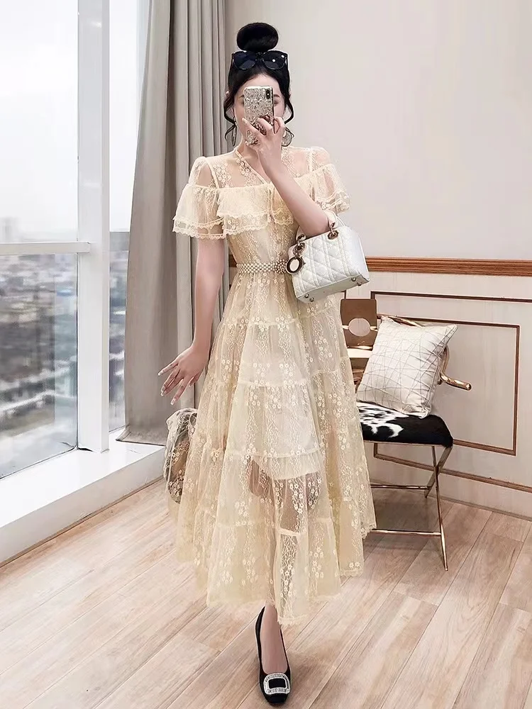 

Heavy Industry Mesh Embroidery Floral Elegant V Neck Dress Women Summer Ruffles Beading Pearl Belt Large Swing Party Dress G345