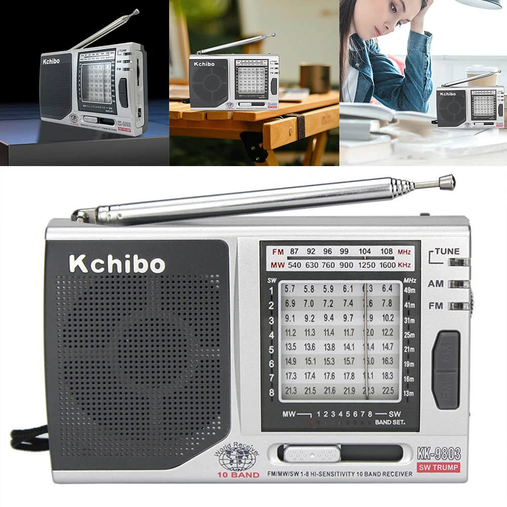 KK-9803 미니 휴대용 라디오, 3.5mm 잭, FM/MW/SW1-8 포켓 라디오, 내장 스피커, 전체 10 밴드 라디오 배터리 작동