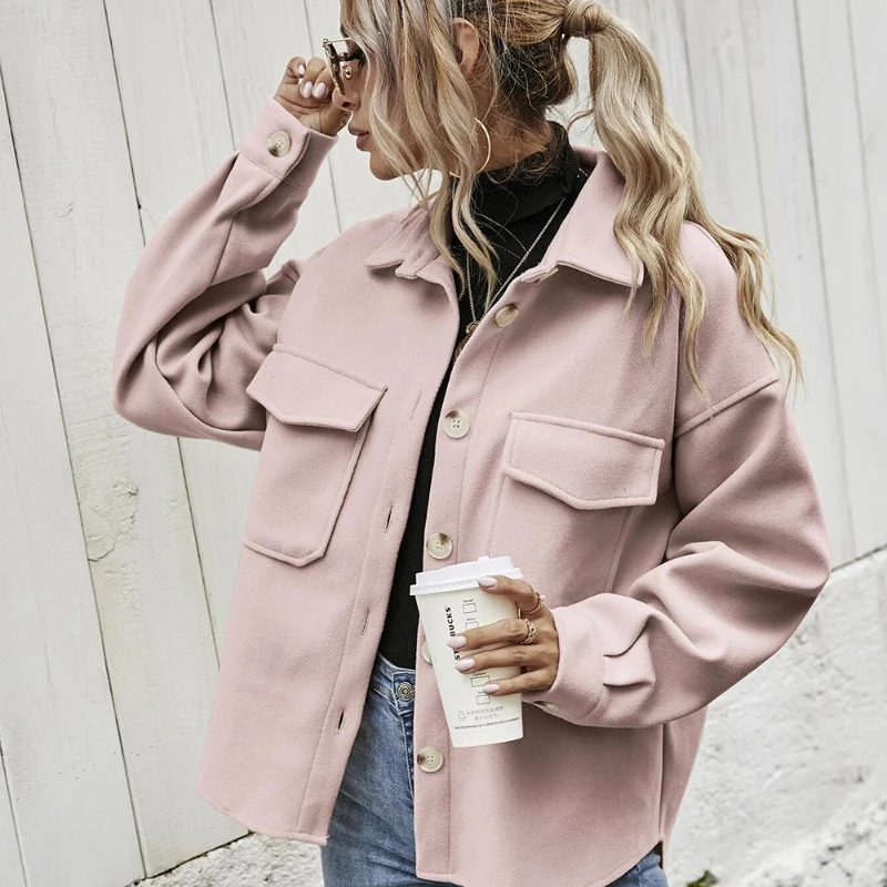 2021 Fall/winter New Style Lapel Single-breasted Thick Woolen Loose Casual Jacket Women's Long-sleeved Fashion Women's Clothing