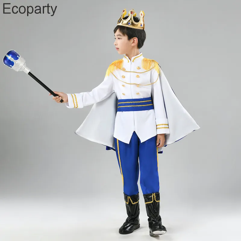 7pcs Set Kids Prince Costume Medieval King Jacket Cape Pants Crown Mace Suit Boys Halloween Party