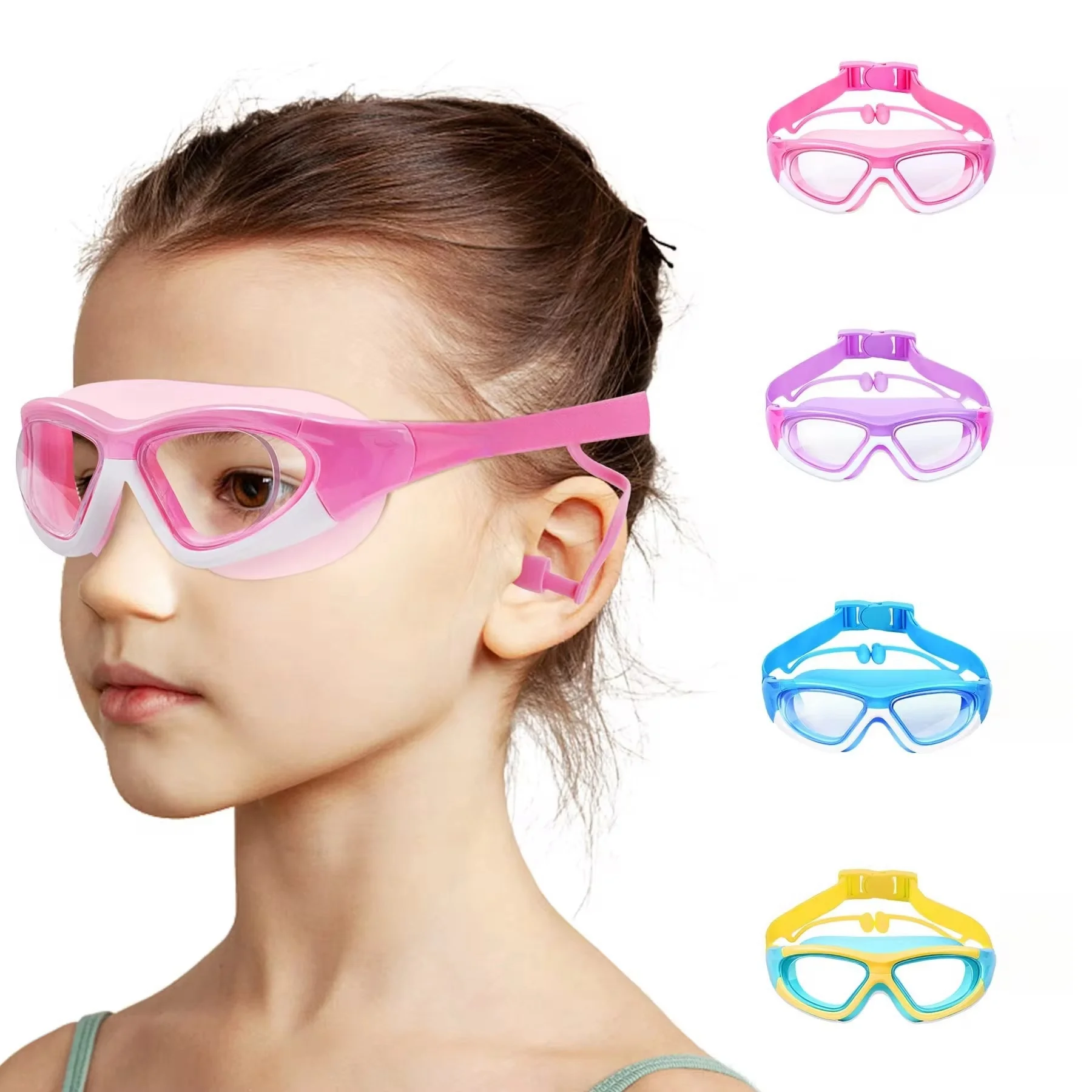 Lunettes de natation enfants grand cadre anti-buée étanches avec bouchons d'oreilles