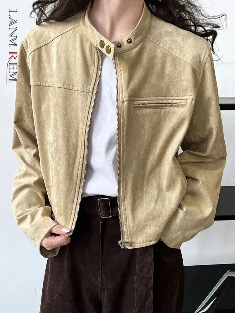 

[LANMREM] Elegant Stand Neck Jackets For Women Zipper Cardigan Long Sleeve Vintage Coats Female Tops 2024 Spring New 26D6134