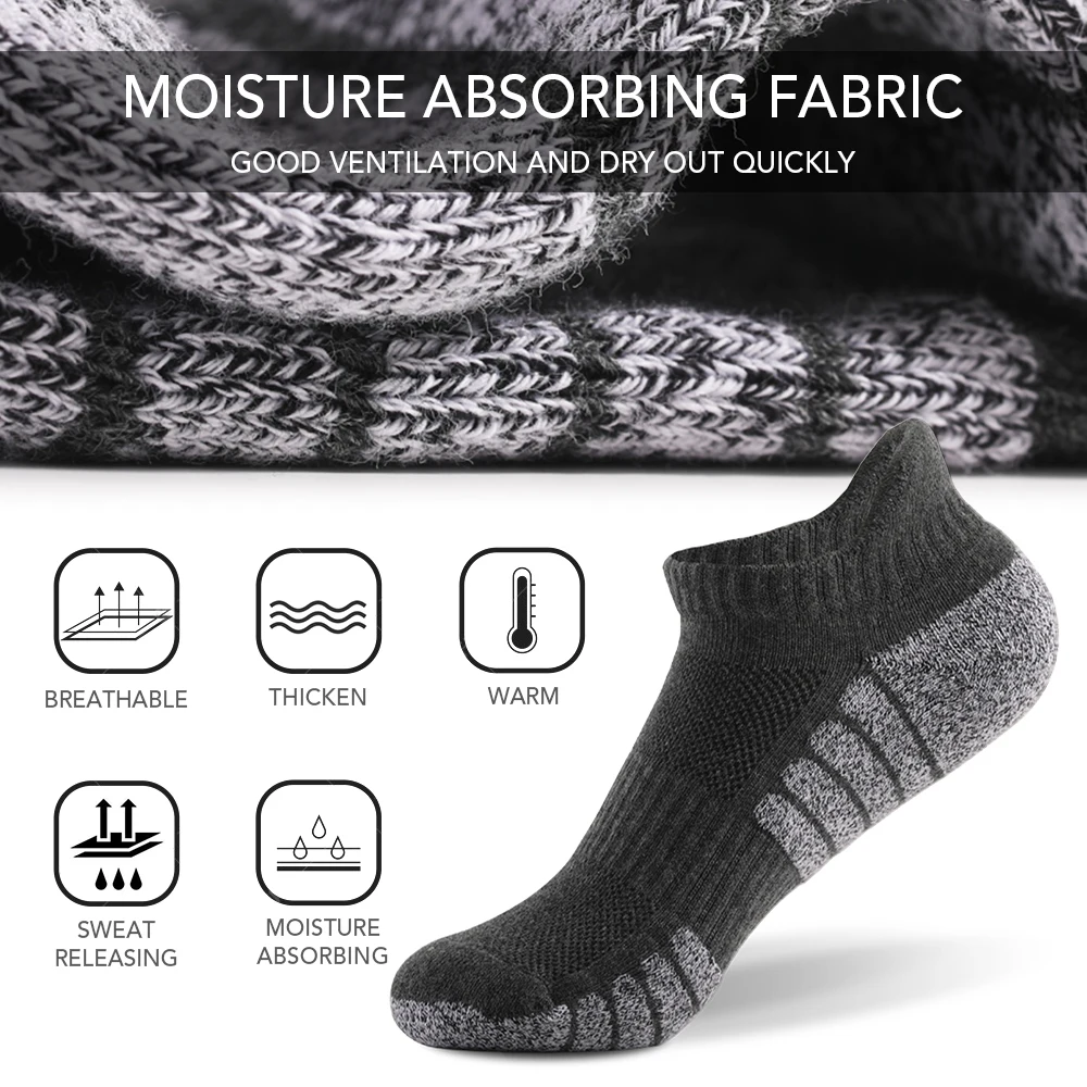 6 Pairs Sports Ankle Socks Athletic Low-cut Thick Knit Autumn Winter Outdoor Quick Dry Anti-skid No-Show For Running Cycling