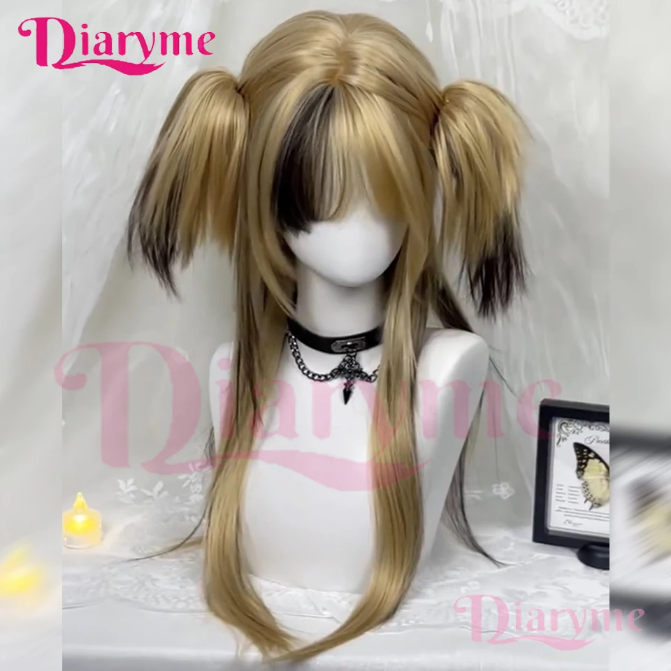 Gold Highlights Black Synthetic Lolita Wig Female Double Ponytail Wig with Bangs Suitable for Holiday Daily Cosplay Wear