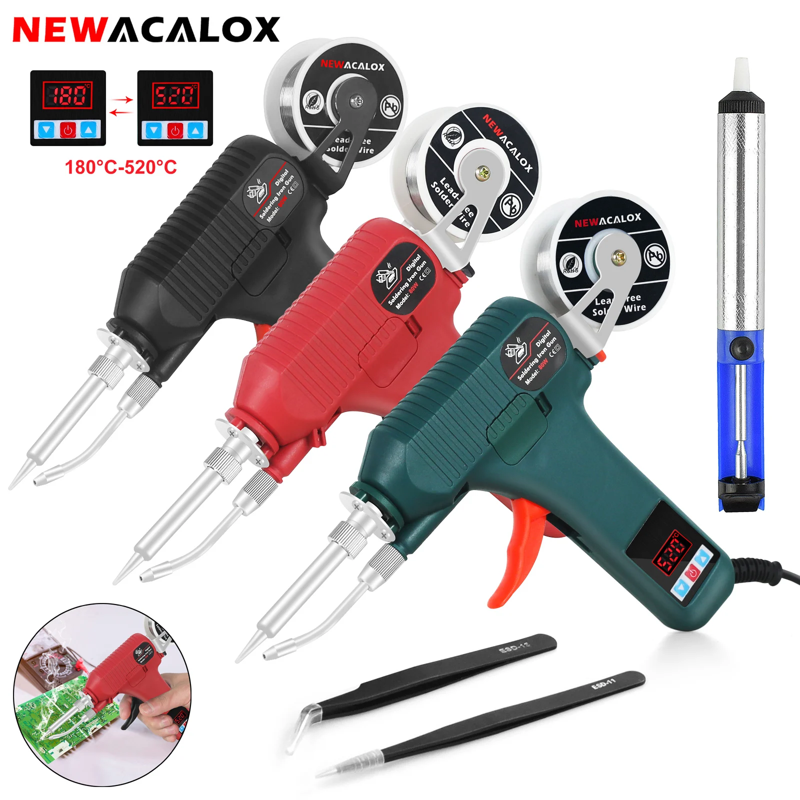 NEWACALOX 80W Digital Soldering Iron Gun EU 220V 180-520℃ Temperature Adjust Automatic Welding Send Tin Gun for PCB Repair Tool