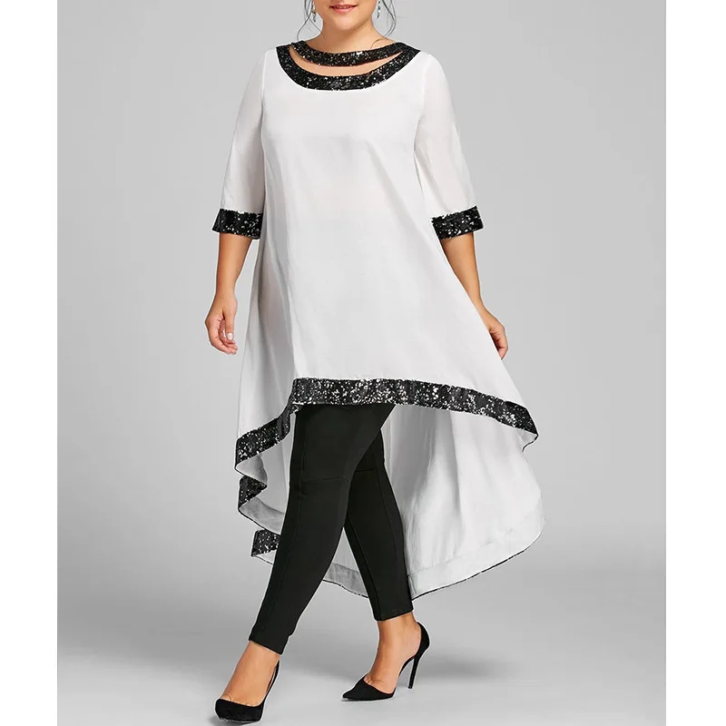 Spring Summer Solid Color Irregular Skirt Office Lady Round Neck Patchwork Bright Silk Half Sleeve Plus Size Dress for Women