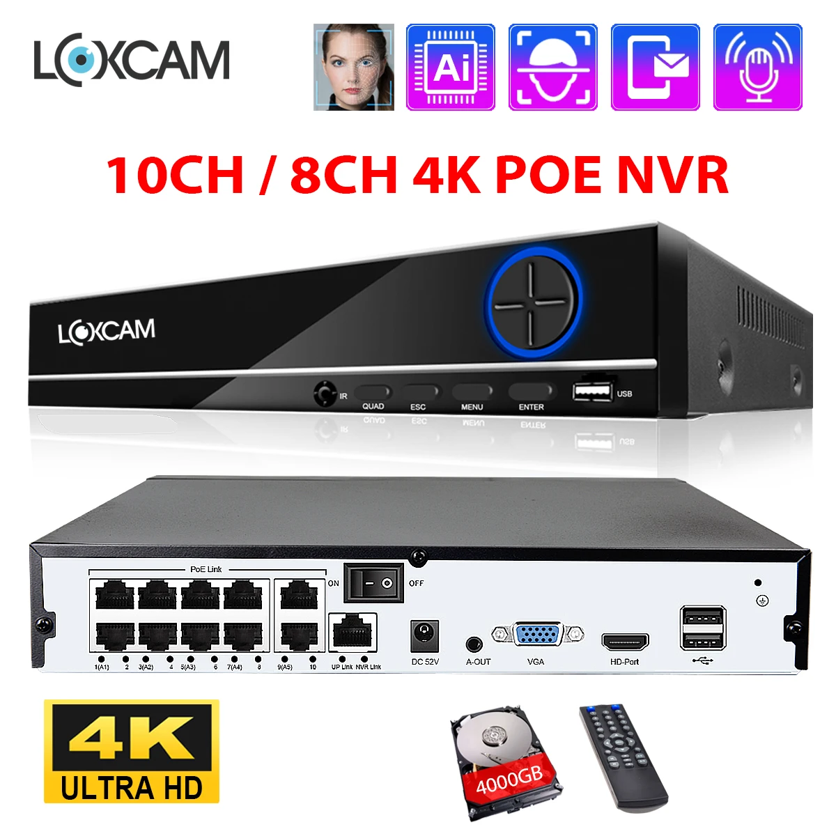 LOXCAM H.265+ 10CH 4K CCTV Network Video Recorder 8CH Ai Face Detection POE NVR 8MP for Security Video Surveillance Camera Kit