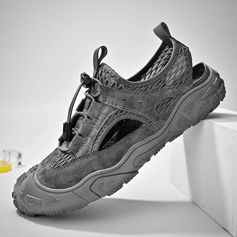 

HKAZ-S New Popular Men's Large Sport Casual Cowhide Mesh Mix and Match Outdoor Comfortable Flat Bottom Beach Sandals in Discount