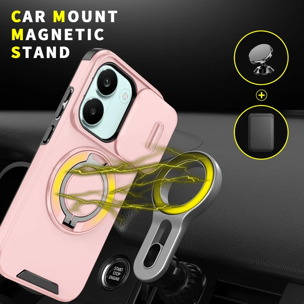 Slide Camera Cover 360° Ring Holder Shockproof Armor Phone Case with Magnetic Car Mount Compatibility
