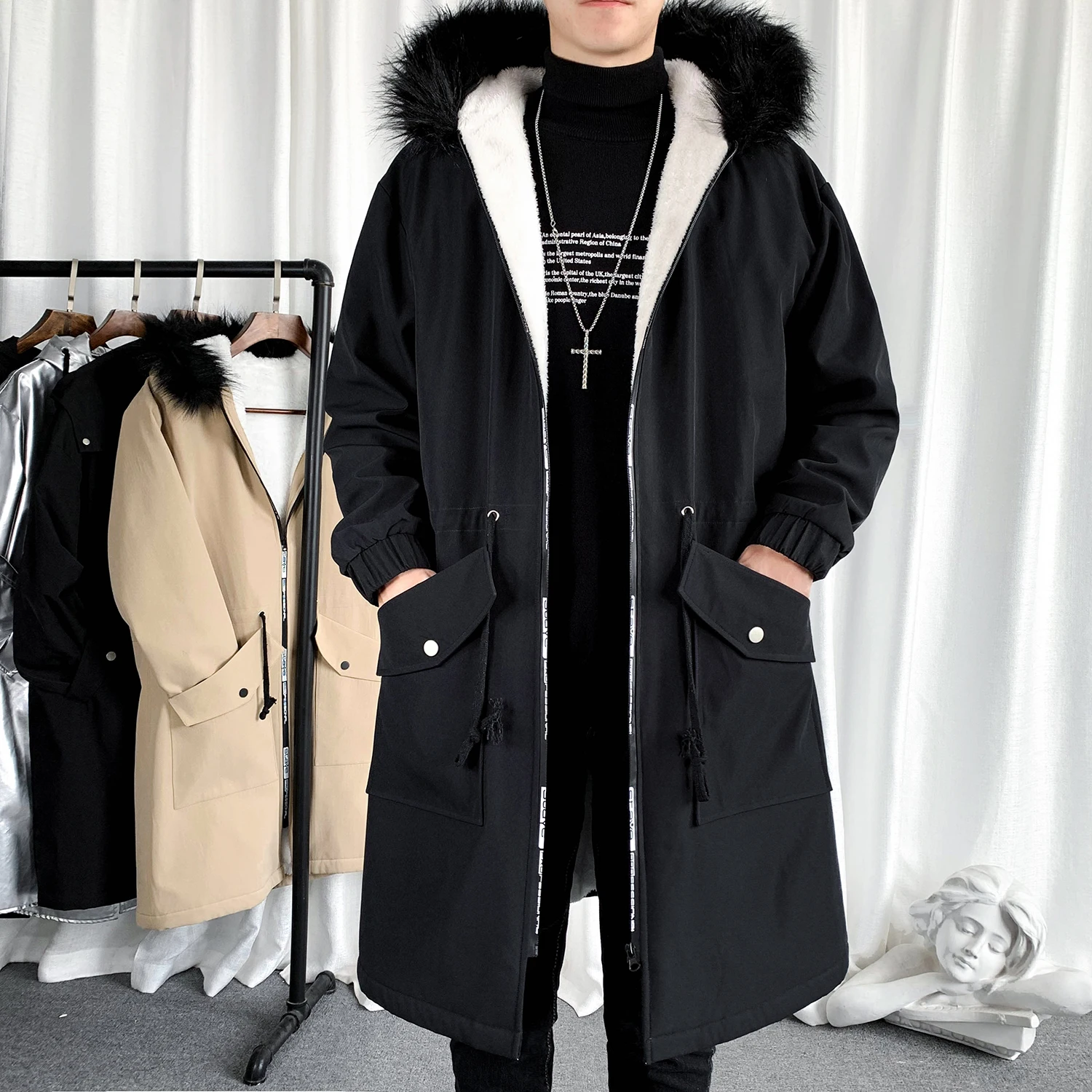 Plush Thick Long Windbreaker Fashionable Loose Fitting Oversized Men's Clothing Casual Fleece Zippered Tops Solid Hooded Jacket