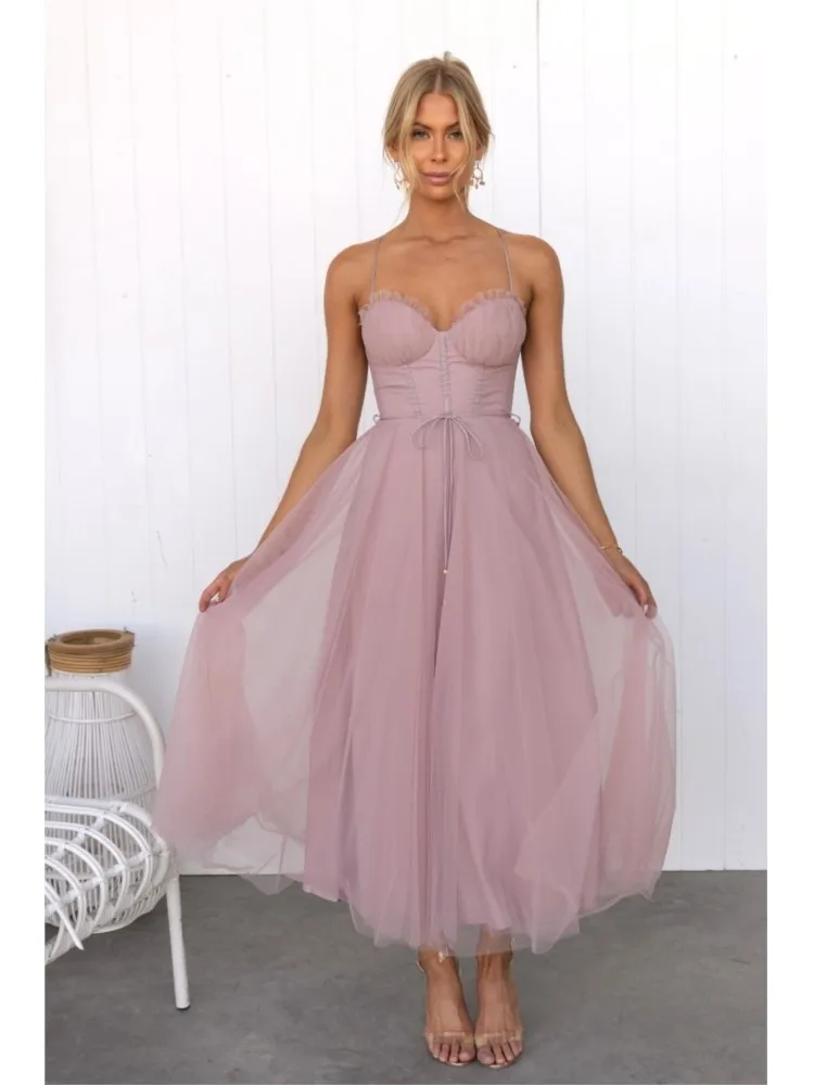 فستان سهرة مثير بدون حمالات شبكي سادة ميدي لربيع و...