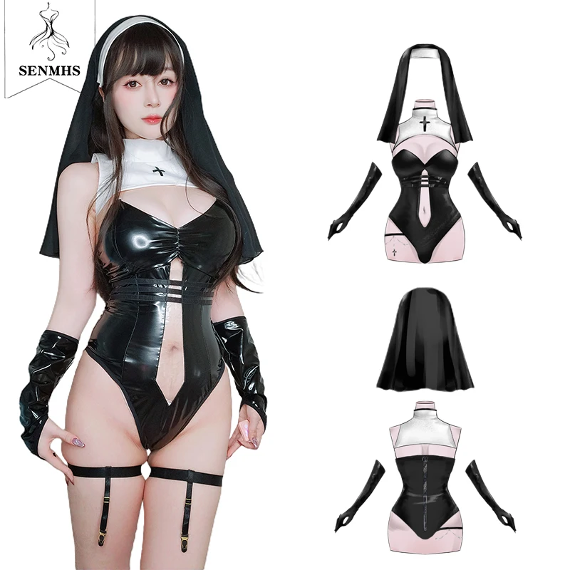 

SENMHS Anime Nun Uniform Cosplay Women PU Leather Transparent Hollow Bodysuit Gothic Sister Maid Costume Halloween Jumpsuit