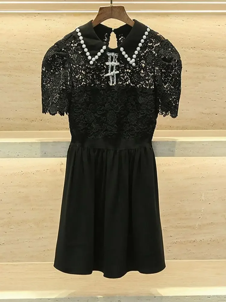 

Dress for Ladies 2023 New Spring Summer Peter Pan Collar Lace Hollow Out Preppy Style Short Sleeve Mini Robes