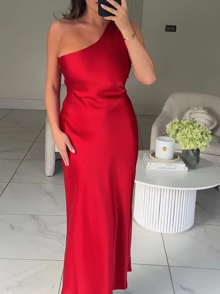 Elegant Women Asymmetric Shoulder Satin Dresses Fashion Party Club Evening Dress Ladies Sexy Backless Bodycon Holiday Long Dress