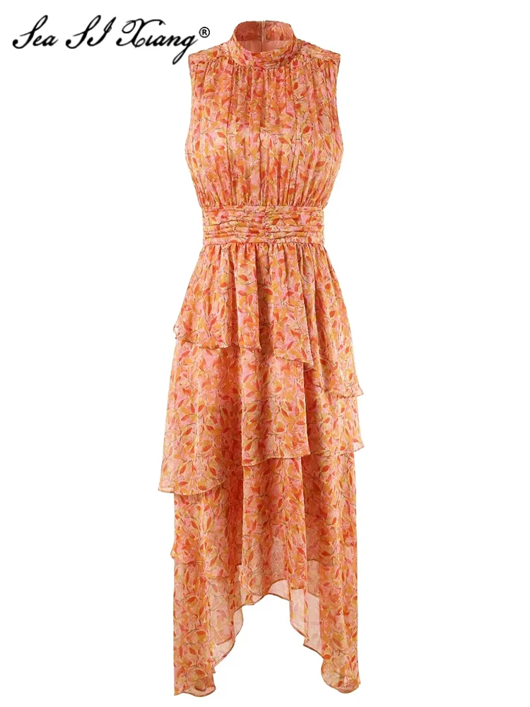 

Seasixiang Fashion Designer Spring Summer Tank Dress Women Stand Collar Sleeveless Ruffle Flower Print Vintage Long Dresses