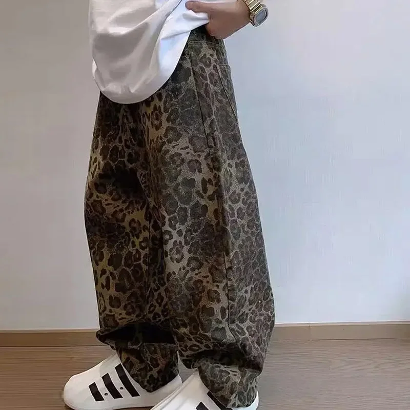 Men Vintage Leopard Jeans 2024 New Spring American Hiphop Oversize Wide Leg High Sreet Straight Trousers Male Loose Casual Pant