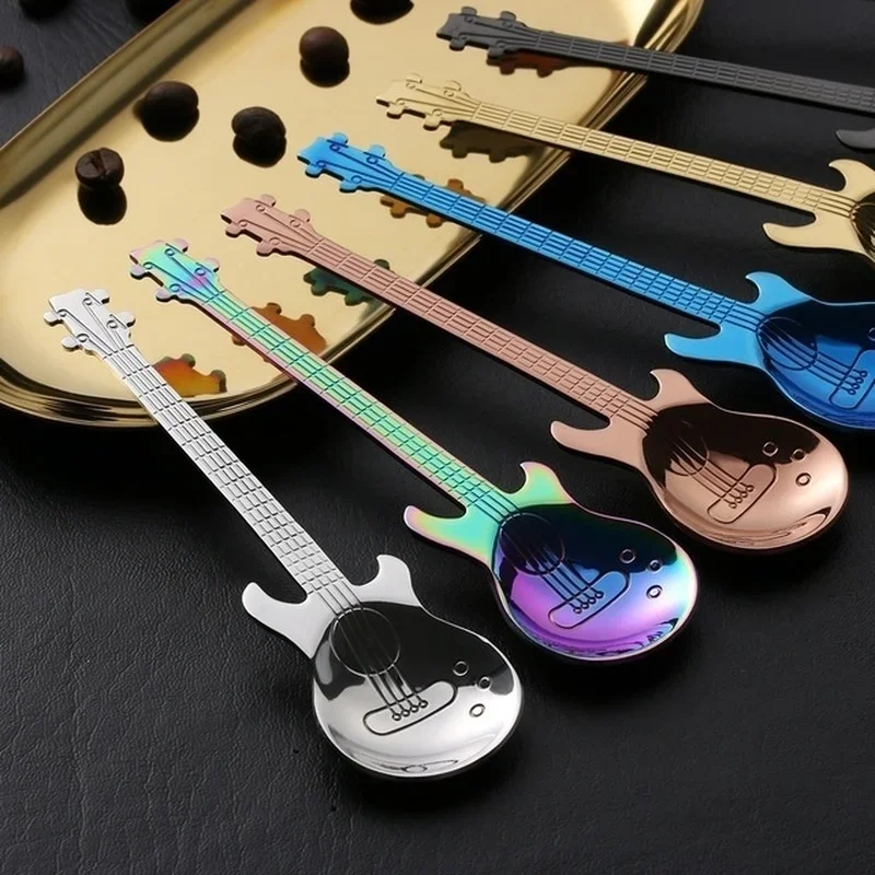 Stainless Steel Spoon Guitar Spoons Rainbow Coffee&Tea Flatware Dessert Spoons