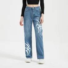 

Streetwear Korean Fashion Cross Applique Jeans Woman High Waist Y2k Straight Baggy Pants Versatile Casual Blue Denim Trousers