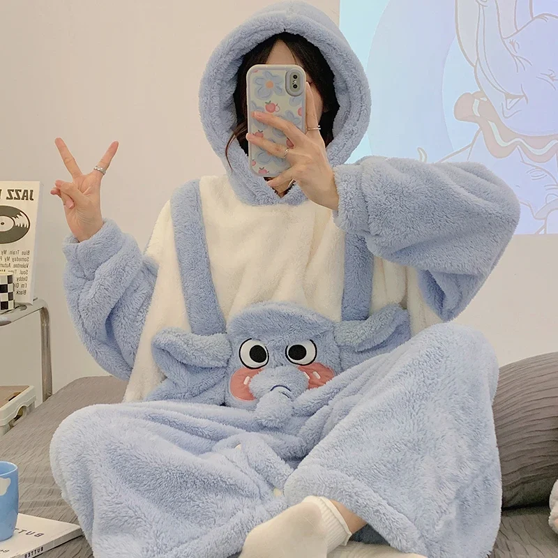 

Women Sleepwear Funny Elephant Onesie Winter Coral velvet Pajamas Thicken Pijama mujer Jumpsuits Hooded Pyjama Homewear