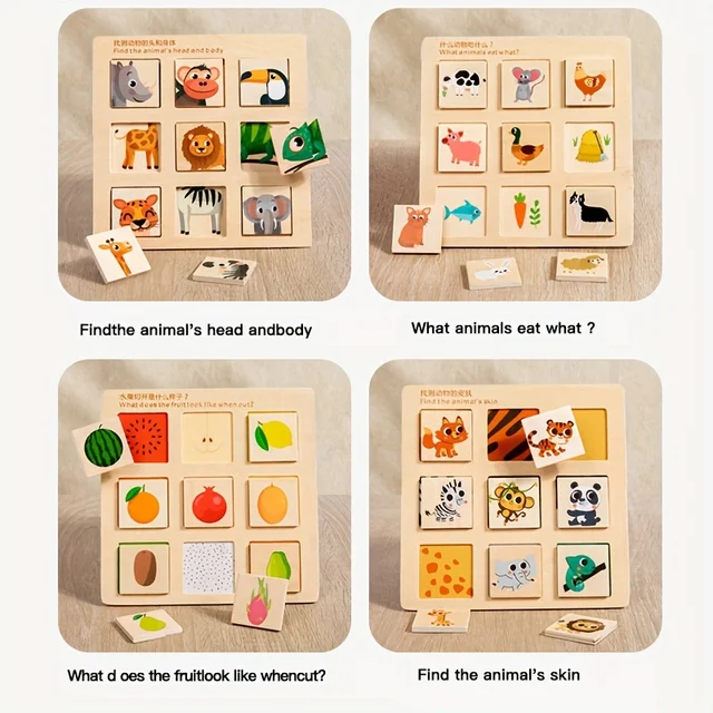 Wooden Logical Thinking Matching Puzzle Cognitive Board Montessori Teaching Aid Fruit Animal Pairing Board Educational toys 3