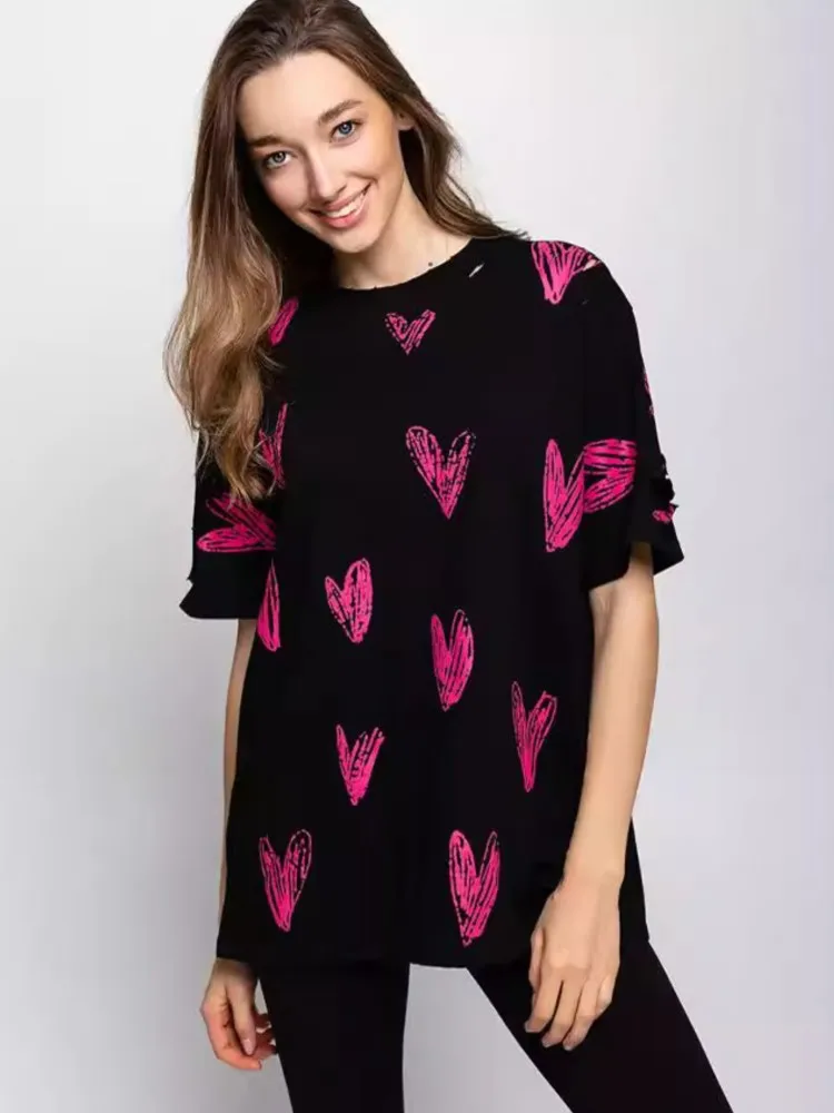

Cute Chic Hand Drawn Love Print New Summer T-shirts Round Neck Cototn Comfort Women Tops Fashion Loose Short Sleeve Tee 2024