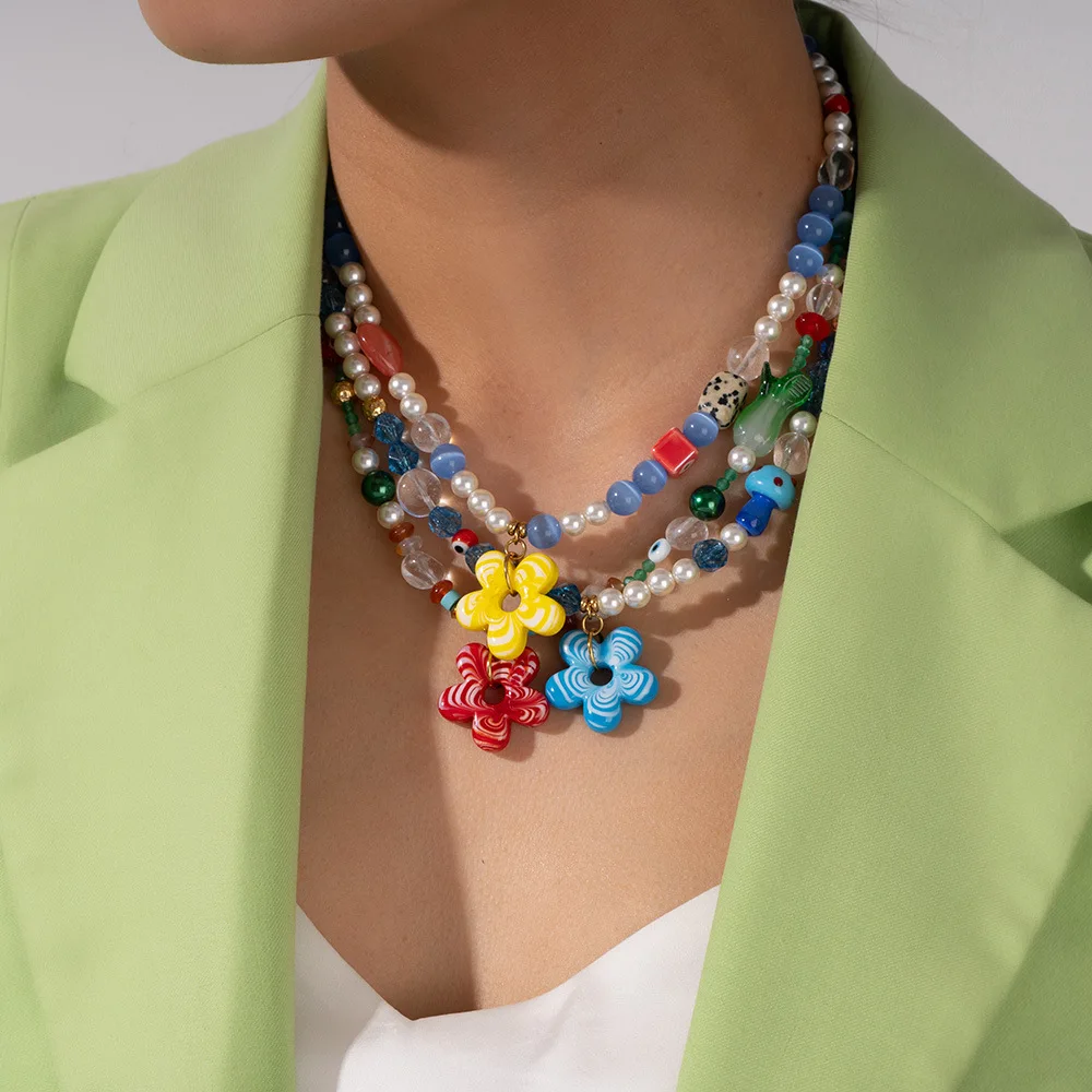 Summer Multicolour Transparent Beads Short Necklace Resin Flower Pearl Handmade Beading Evil Eye Clavicle Choker Beach Jewelry