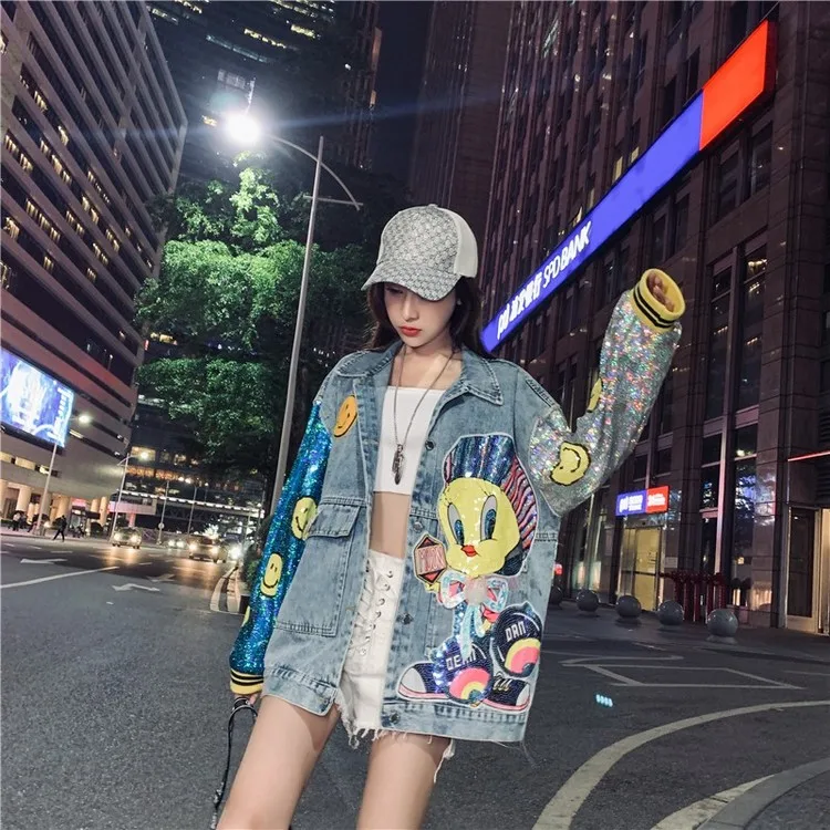 Women's Cartoon Sequin Denim Vintage Jean Jacket - true deals club