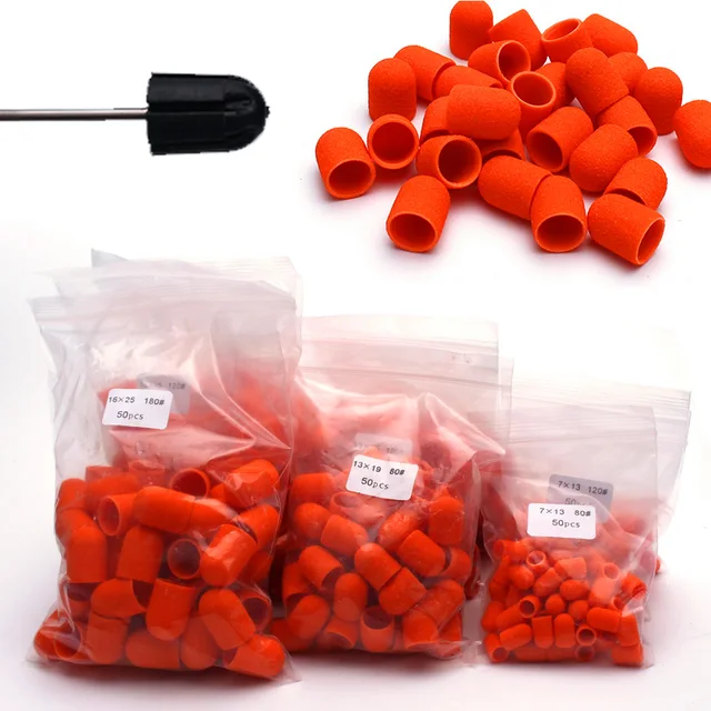 50pc Orange Nail Sanding Caps With Rubber Set Nail Drill Bit Electric Nail Clean Burr Rotary Gel Polish Burr Accessories Tools