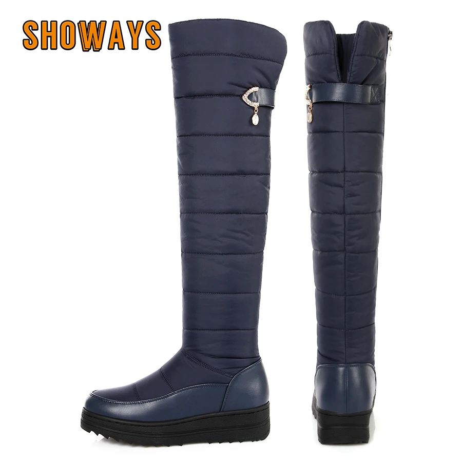 

Winter Warm Plush Women Thigh High Snow Boots Black Blue Fur Down Sexy Ladies Wedge Heel Crystal Zipper Over Knee Platform Boot