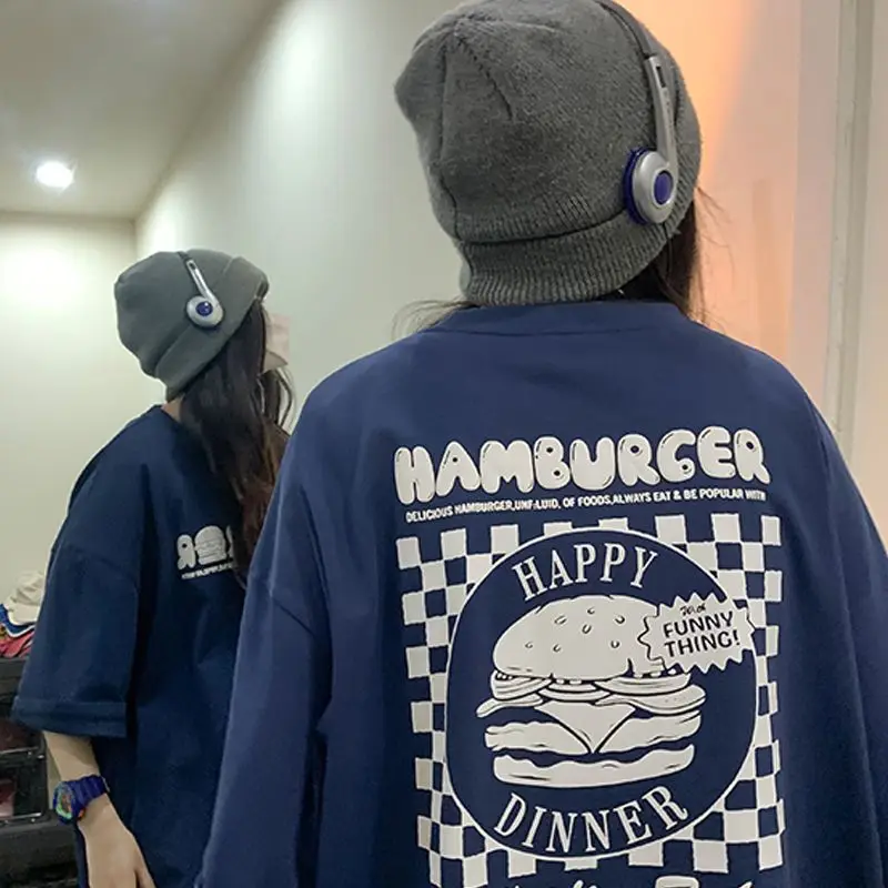 

Navy blue hamburger plaid printed short-sleeved T-shirt men's summer trendy brand loose half-sleeved couple tops T-shirt y2k top
