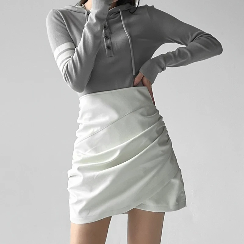 

Autumn Winter 2022 New Skirt Women Basic A-Line All Match Irregular High Waist Drapped Mini Skirt Office Lady OL Solid Chic I666