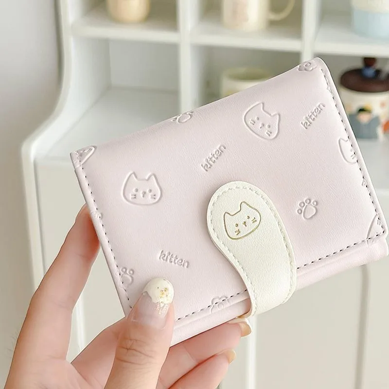 Chic Cat Print PU Leather Wallet - Stylish Compact Coin and Card Holder with Buckle Clasp