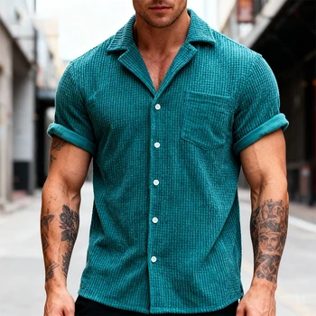 Abbigliamento estivo Camicie a maniche corte scozzesi in velluto a coste di lusso da uomo Casual Streetwear abbottonato tinta unita traspirante Vintage