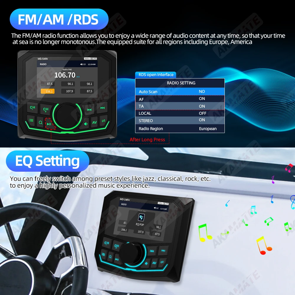 MP5 Boat Radio Bluetooth FM AM EQ Marine Stereo Waterproof IPX5 AUX Square Black Universal Media Player for RV UTV ATV SPA RZR