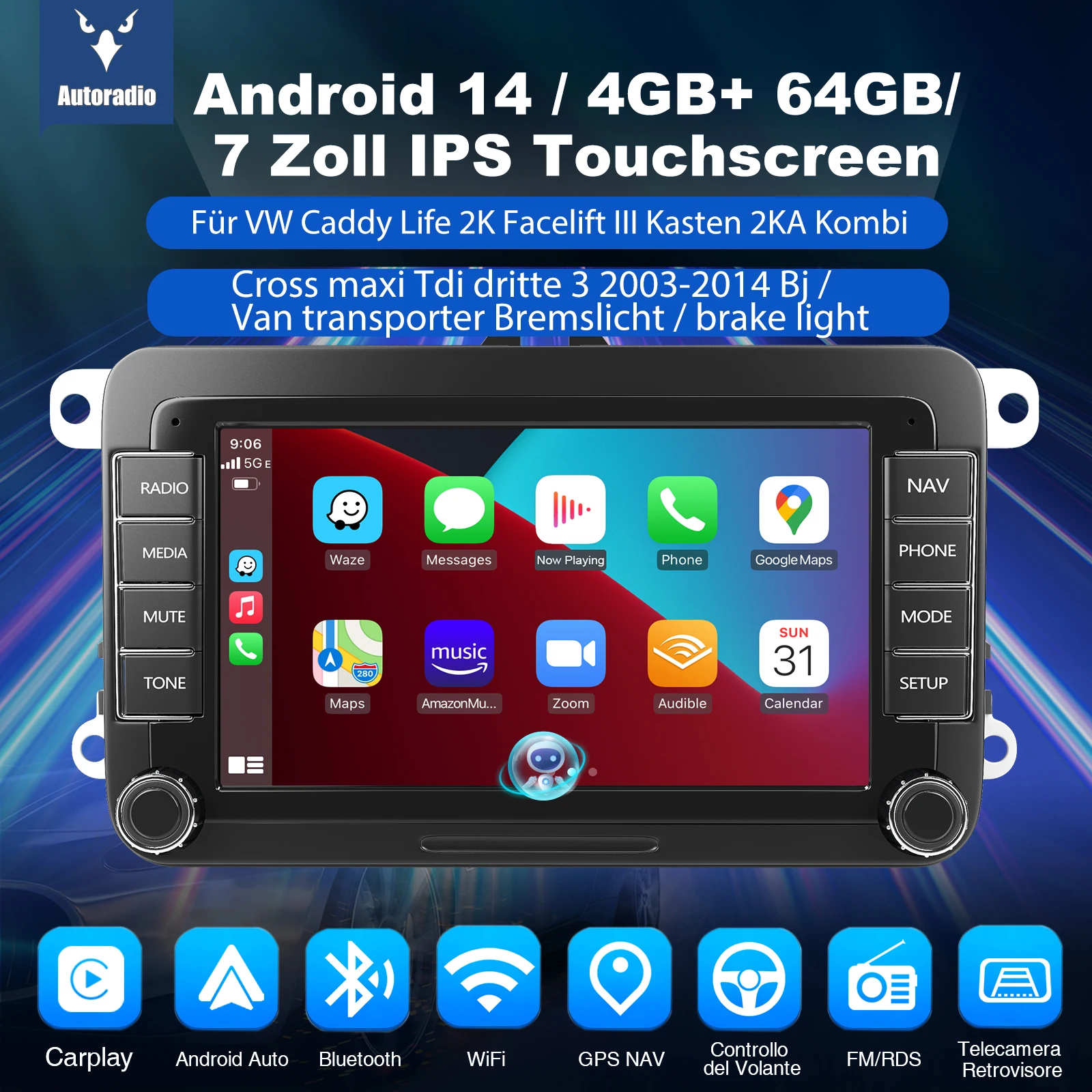 ESSGOO 7" Android 14 Car Radio for VW Caddy Life 2K Facelift with Rear View Camera and Brake Light Carplay Android Auto FM WIFI