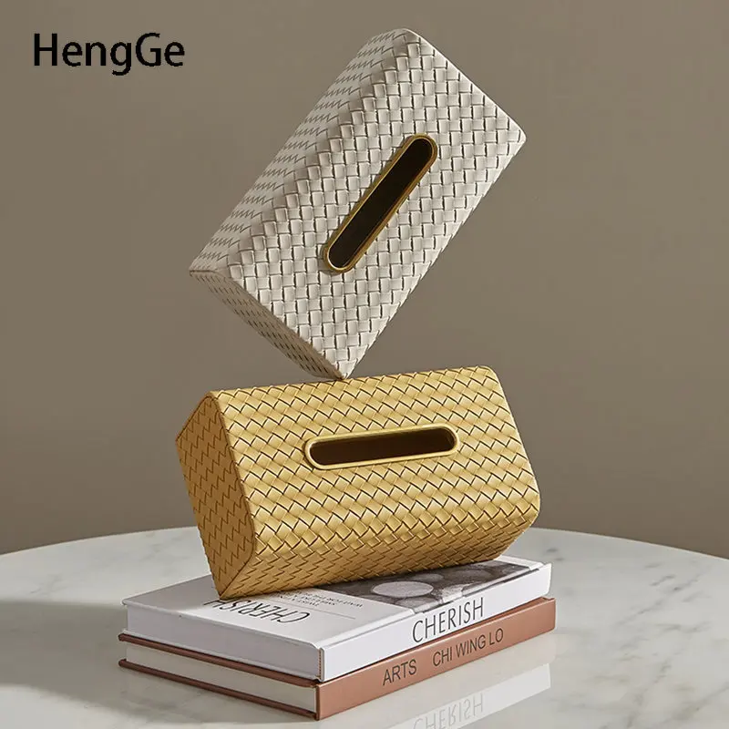 

Nordic Woven Leather Tissue Boxes Light Luxury Golden Stroke Solid Color Tissue Box Cover Living Room Decoration Napkin Holder