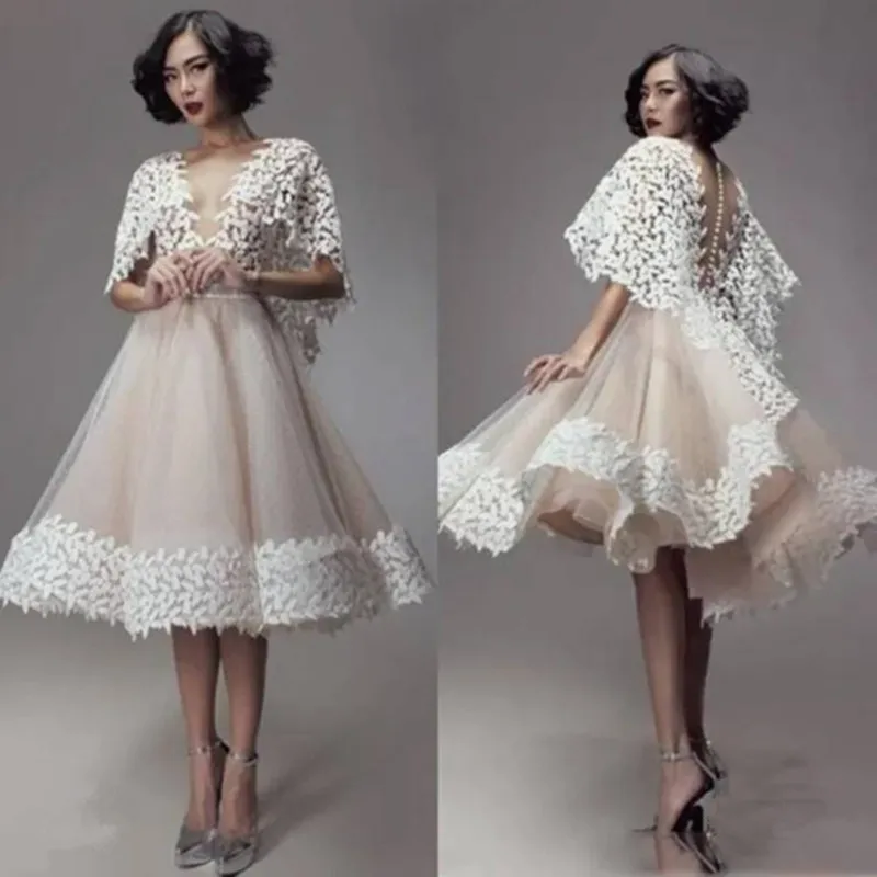 

Deep V Sexy Short Evening Dress Appliques Lace Cap Sleeve Prom Gown For Woman Simple Robes De Soirée Custom L71W
