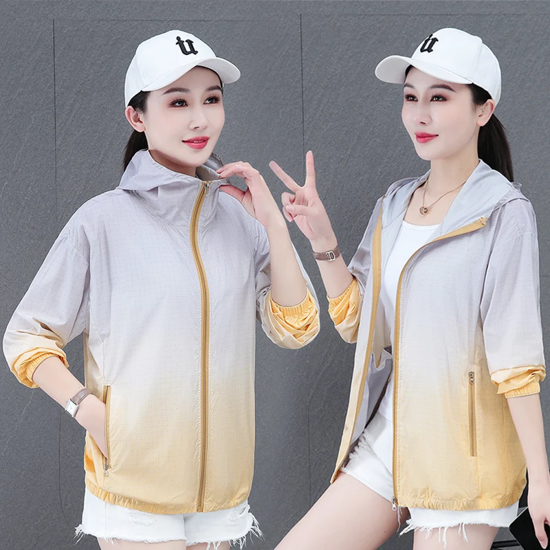 New Fashionable Casual Sports Quick Drying Ice Silk Gradient Color Sunscreen Clothing Women'S Summer Outdoor Uv Resistant Coat
