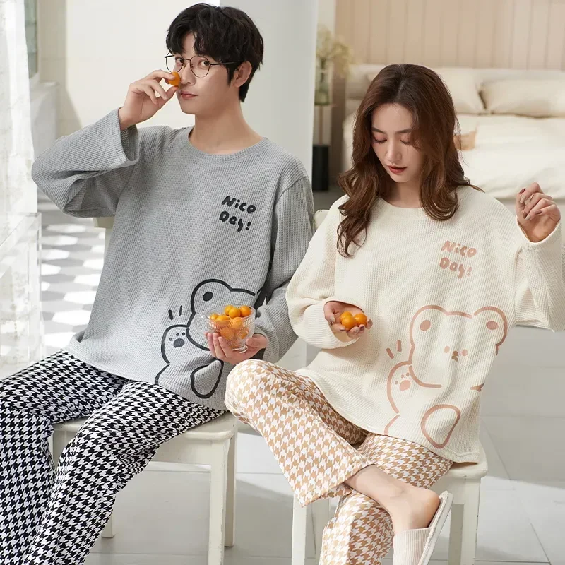 

Nightwear Suit Bear Pajamas Lover Men 2piece Round Set Cotton Pure Neck Print Long Sweet Couple Winter Sleeve Pyjamas Autumn