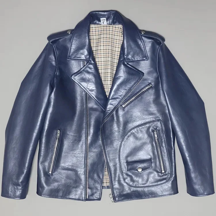 

YR!Free shipping.2024 Brand new motorcycle genuine coat.Cool Blue Rider oil cowhide jacket.Slim short leather cloth