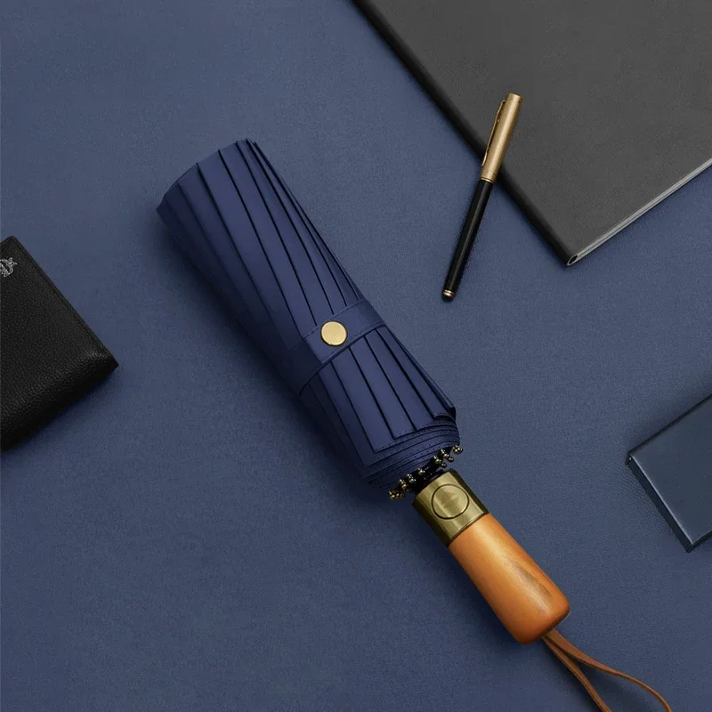 Automatic Wooden Handle Large Folding Windproof Umbrella