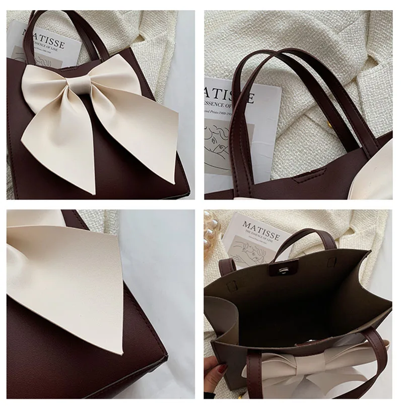 Fashion Shoulder Bag Pu Leather Woman Casual Bow Bags High Capacity Solid Color Luxury Designer For Girls Ttravel Handbag Female